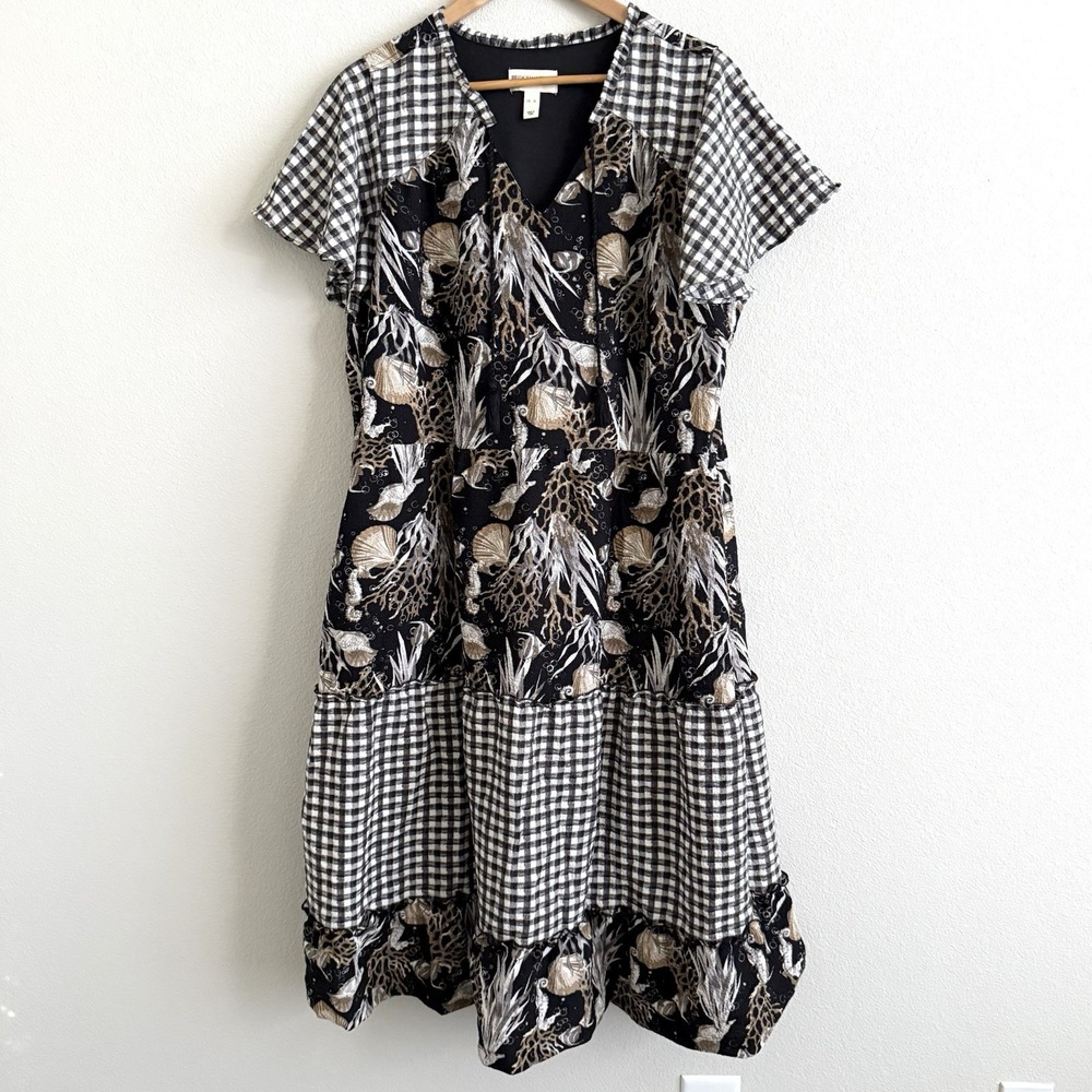 Gingham Seashell Print Maxi Dress Womens XL Coastal Beach Travel Resort Summer